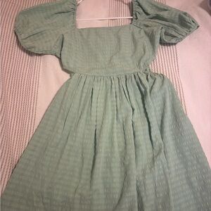 Girls' Sage Green Puff-Sleeve Dress